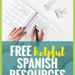 open planner on desk, woman's hands holding pen, text free helpful Spanish resources