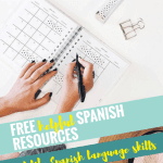 open planner on desk, woman's hands holding pen, text free helpful Spanish resources